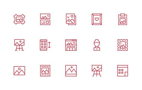 Gallery Icon Set with 15 Regular Line Graphics Icon Pack for Various Themes vector
