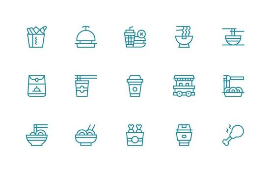 Takeout Design Icons featuring 15 in Regular Line Style Web and App Icon Pack Collection vector