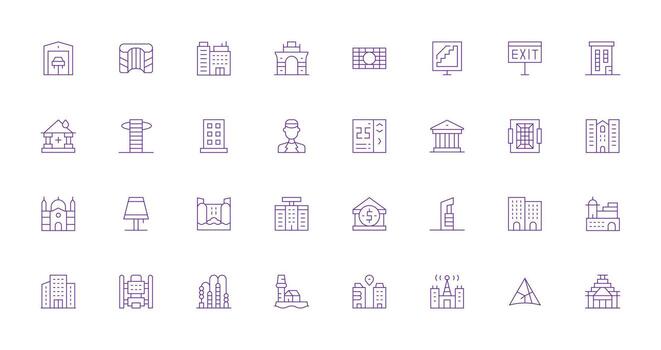 Building Icon Set with 32 Thin Line Graphics Organized Pack for Project Assets vector