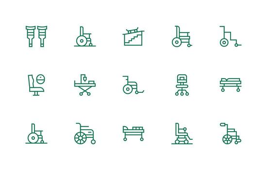 Wheelchair Design Icons featuring 15 in Regular Line Style Clean Icon Set Icon Pack for UI Projects vector