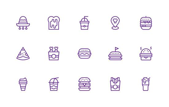 Regular Line Style Fast Food Icons with 15 Vectors Scalable Icons for All Themes