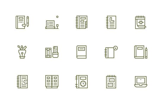 Notebook Design Icons featuring 15 in Regular Line Style Flexible Icon System for Web Interfaces vector