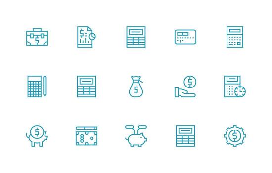Budgeting Design Icons featuring 15 in Regular Line Style Pixel Perfect Icon Set vector