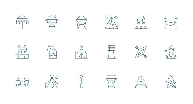 Camping Icon Collection with 18 Minimal Line Designs UI Icon Set vector
