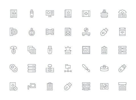 35 Light Line Style Icons from Data Storage Collection Complete Icon Bundle for Web Design vector