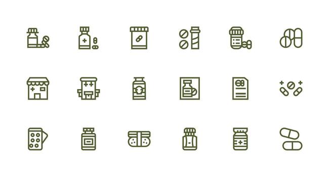 Drugs Icon Set with 18 Strong Stroke Line Graphics Simplified Icon Pack for Visual Tools vector
