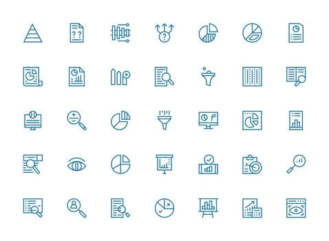 datos análisis diseño íconos presentando 35 en regular limpiar línea estilo listo para la interfaz de usuario icono colección vector