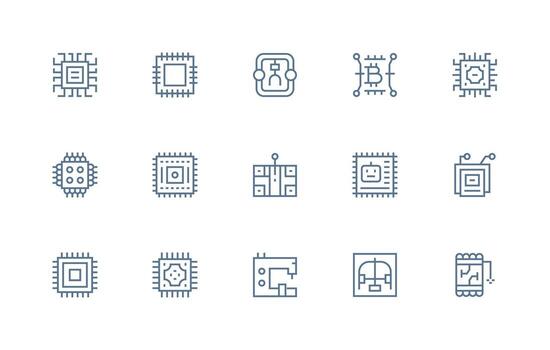 Integrated Circuit Icon Set with 15 Regular Line Graphics All-Purpose Icon Design Pack vector