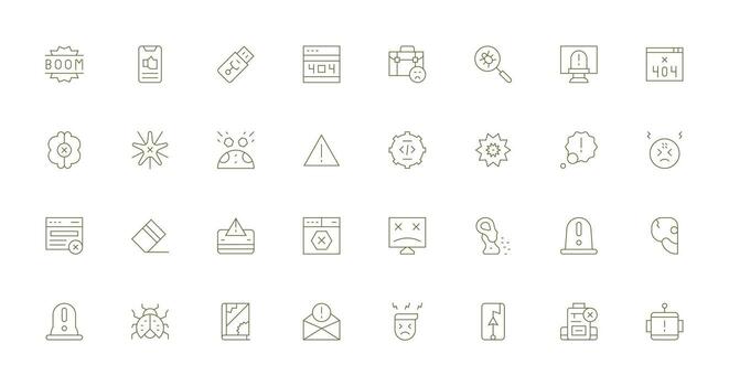 Delgado línea íconos desde error conjunto con 32 vectores completar icono haz para web diseño