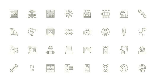 Delgado línea íconos desde componente conjunto con 32 vectores web icono colección