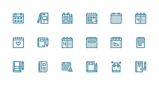 Diary Icon Set with 18 Strong Stroke Line Graphics Customizable Icon Series for Mobile Screens vector