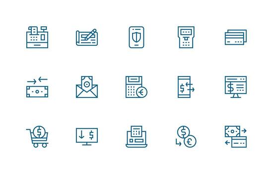 Payment Processing Design Icons featuring 15 in Regular Line Style Dashboard Icon Series vector