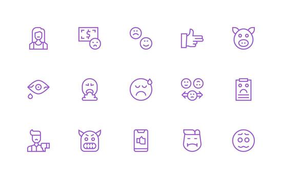 infeliz icono conjunto con 15 regular línea gráficos icono paquete para varios temas vector
