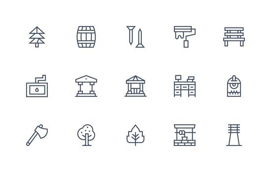 Wood Design Icons featuring 15 in Regular Line Style Simple Icons for Interface and Wireframes vector