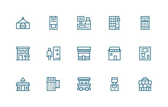 Kiosk Icon Collection with 15 Regular Line Designs Reliable Icons for All Interfaces vector