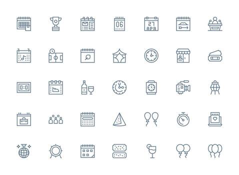35 íconos para evento en regular limpiar línea formato diseño icono colección vector