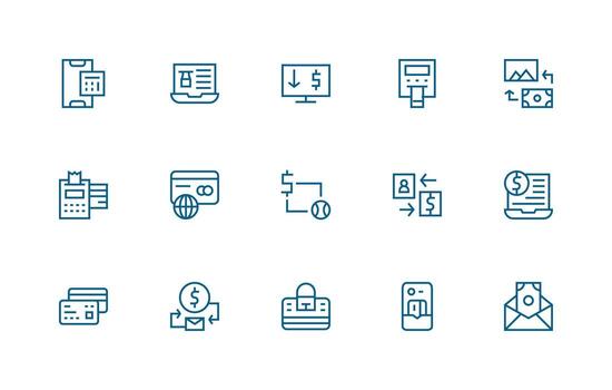 Regular Line Style Digital Payment Icons with 15 Vectors Responsive Icon Set for Flexible Layouts