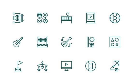 Play Design Icons featuring 15 in Regular Line Style Balanced Icon Set for Functional Design vector
