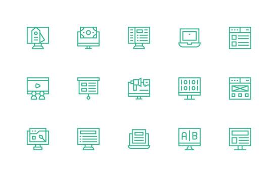 Screen Set with 15 Regular Line Icons Display Icon Pack vector