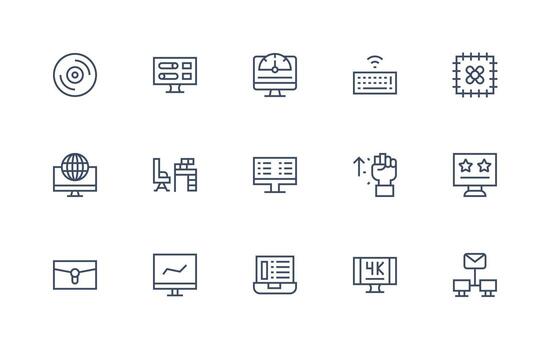Computer Visual Pack containing 15 Regular Line Icons Organized Pack for Project Assets vector
