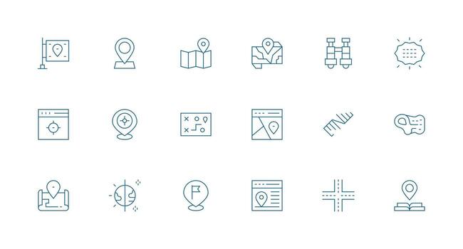 geográfico icono conjunto con 18 mínimo línea gráficos plano icono conjunto vector