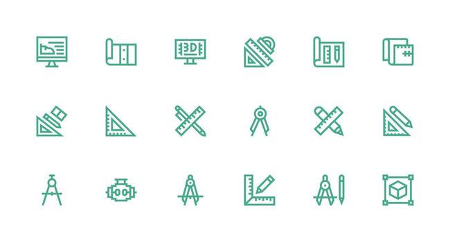 Technical Drawing including 18 Strong Stroke Line Illustrations Well-Structured Icons for Creative Use vector