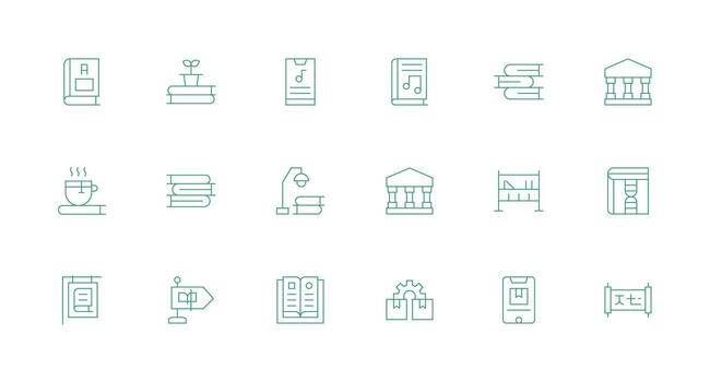 Library Icon Set with 18 Minimal Line Graphics Simple Icons for Interface and Wireframes vector