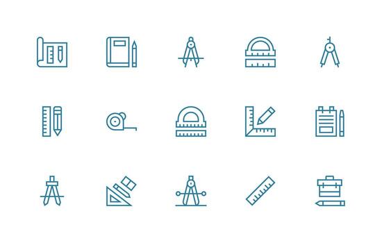 Drafting Icon Set with 15 Regular Line Graphics Organized Pack for Project Assets vector