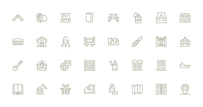 32 Icons for Open in Thin Line Format Essential Icon Collection vector