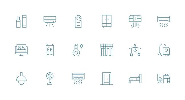 habitación presentando 18 íconos en mínimo línea diseño ui y ux enfocado icono colección vector