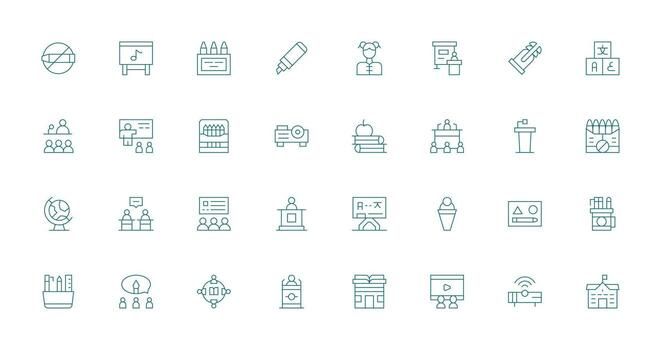 salón de clases visual paquete conteniendo 32 Delgado línea íconos neutral estilo íconos para ninguna proyecto vector
