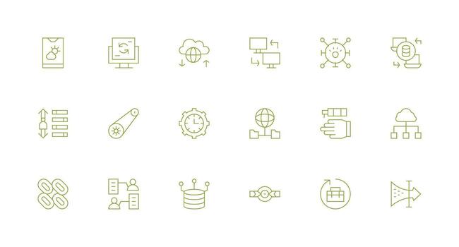 sincronización presentando 18 íconos en mínimo línea diseño plano icono conjunto vector