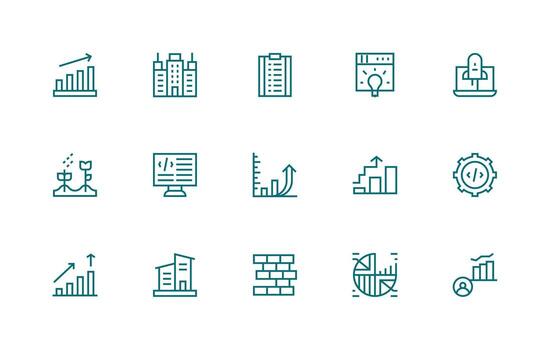 desarrollo conjunto con 15 regular línea íconos glifo icono serie vector