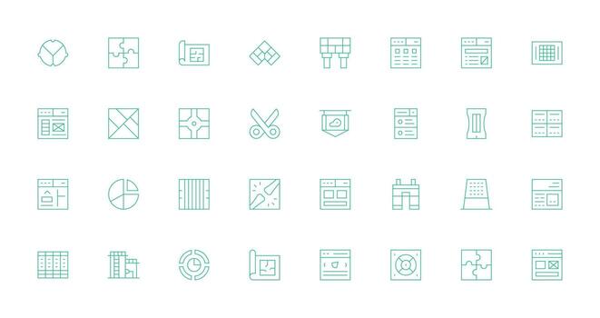 sección icono conjunto con 32 Delgado línea gráficos sencillo íconos para interfaz y wireframes vector
