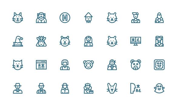 Character Design Icons featuring 28 in Bold Line Style Well-Structured Icons for Creative Use vector
