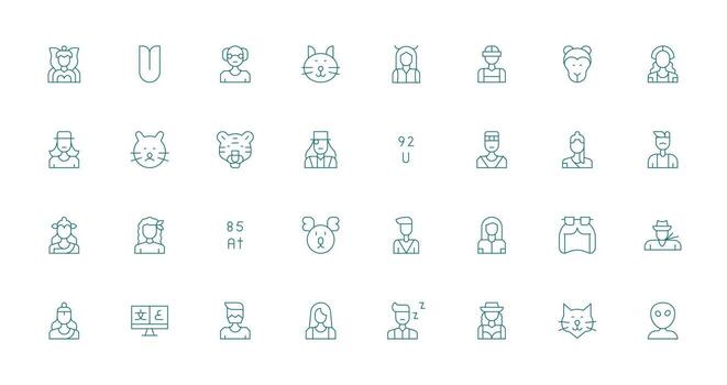 Character Design Icons featuring 32 in Thin Line Style Complete Icon Set for Mobile Apps vector