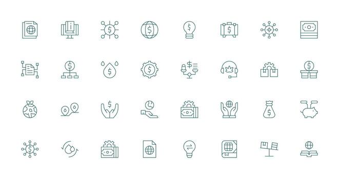 Resources Design Icons featuring 32 in Thin Line Style Organized Icon Pack for Quick Access vector