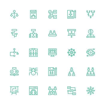 diagrama de flujo diseño íconos presentando 25 en medio carrera contorno estilo línea icono colección vector