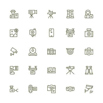 Camera Visual Pack containing 25 Medium Stroke Outline Icons Complete Icon Set for Mobile Apps vector