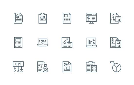 Financial Report Icon Set with 15 Regular Line Graphics Display Icon Pack vector