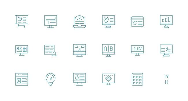 datos monitor conjunto con 18 mínimo línea íconos usuario interfaz íconos para digital productos vector