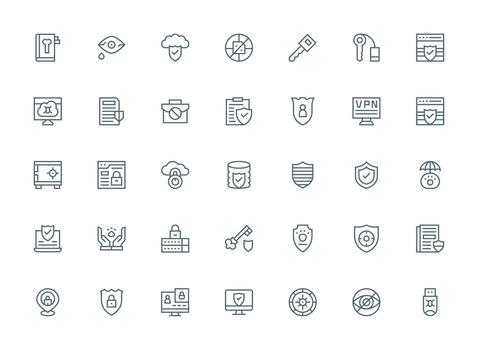Data Protection Design Icons featuring 35 in Regular Clean Line Style Scalable Icons for Cross-Platform Interfaces vector