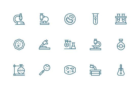 microscopio conjunto con 15 regular línea íconos limpiar icono colección para web utilizar vector