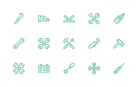 Wrench Design Icons featuring 15 in Regular Line Style Fully Editable Icon Set for Web vector