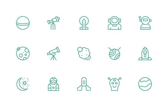 Galaxy Design Icons featuring 15 in Regular Line Style Style Icon Set vector
