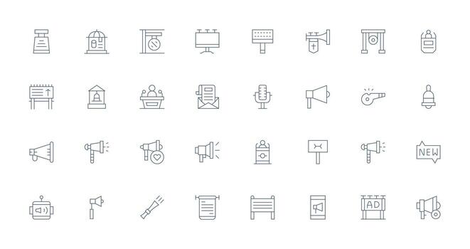 32 Icons for Announcement in Thin Line Format Scalable Icons for Cross-Platform Interfaces vector