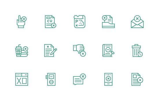 Delete Icon Set with 15 Regular Line Graphics Responsive Icon Set for Flexible Layouts vector