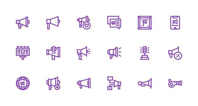 Megaphone Design Icons featuring 18 in Strong Stroke Line Style Complete Icon Bundle for Web Design vector