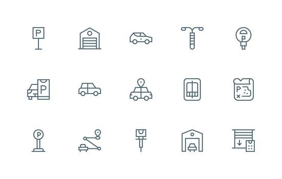 Parking Design Icons featuring 15 in Regular Line Style Customizable Icon Series for Mobile Screens vector