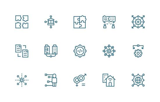 Integration featuring 15 Icons in Regular Line Design Style Icon Set vector